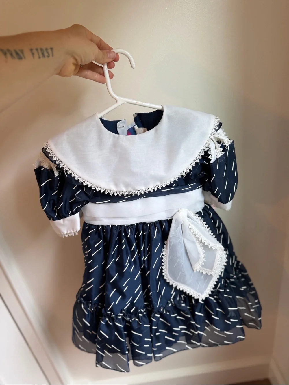 Martha’s Miniatures, Navy & White Girls' Sailor Dress with Lace Collar